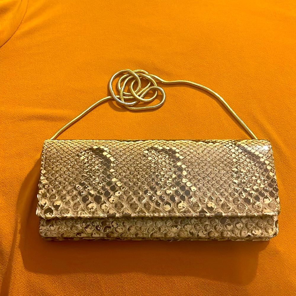 Gold Snakeskin-Textured Evening Clutch with Chain Strap